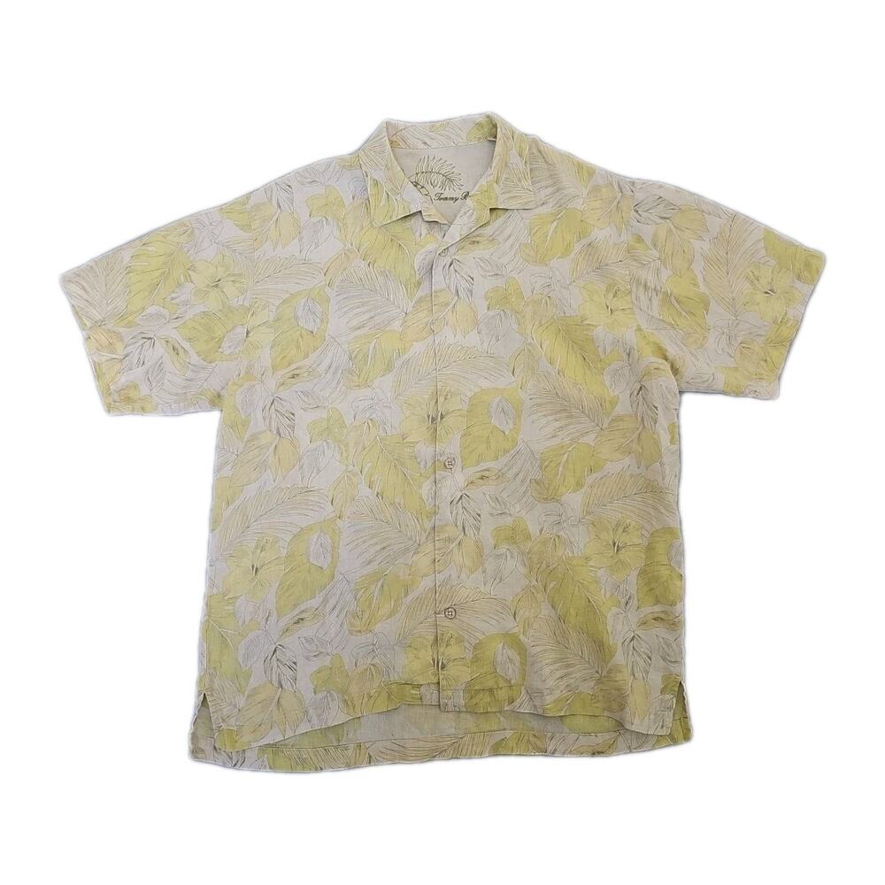 Tommy Bahama Shirt Mens Hawaiian Sz S Linen Floral Yellow Graphic Beach Summer